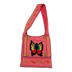 Handmade Boho Butterfly Embroidered Colorful Pink Cotton Crossbody Sling Bag